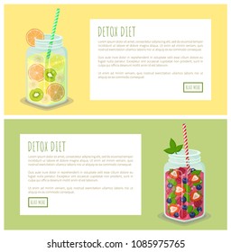 Detox diet set web online pages posters jars of refreshing drink with fresh strawberry and citrus fruits and mint vector dieting cocktail with straw