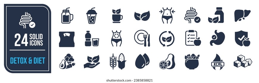 Colección de íconos sólidos de dieta y descomposición. Conteniendo iconos de configuración, engranajes, herramientas y configuración. Para diseño de marketing de sitios web, logotipo, aplicación, plantilla, ui, etc. Ilustración vectorial.