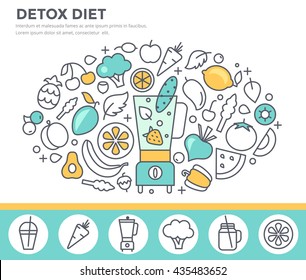 Detox diet, vegetarian food concept illustration with smoothie maker, fresh fruit and vegetables. Thin line flat design