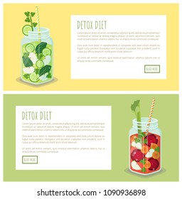 Detox diet web page jar collection refreshing drink containing fresh green cucumber, slices of apple, red beetroot, carrot circles vector illustration