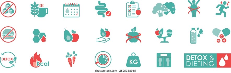 Detox and Dieting solid icon set, Healthy Lifestyle Weight Training, Body care and more