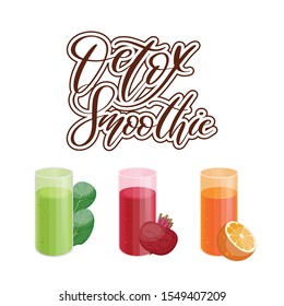 Detox drink concept, SET vegetable smoothies. Natural, organic healthy juice in the glass. Vector.