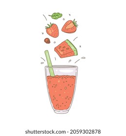 Detox drink in glass with fresh strawberries, raspberries, watermelon in sketch vector illustration isolated on white background. Bright tasty juice made from natural raw ingredients for health
