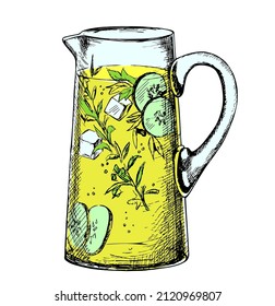 Detox Drink. Drink In A Glass Jug. Pieces Of Lemon And Cucumber Fall Into Water Jug. Spritzer, Lemonade, Ice Tea, Detox Water. Healthy Eating. Soda For Detox And Wellbeing. Vector In Sketch Style