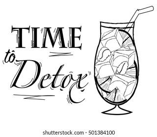 detox drink with lemon and mint sketch lettering hand drawn in black and white. Healthy lefestyle, vegetarian food concept