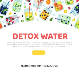 Detox Drink Poured in Glass Jar with Straw Vector Web Banner Template