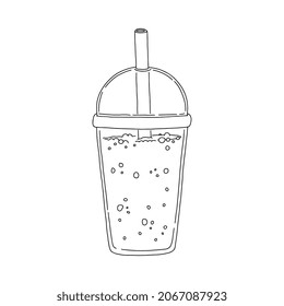 Detox drink or summer refreshing beverage in plastic disposable glass with straw, hand drawn sketch style vector illustration isolated on white background.