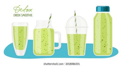 Detox drinks. Green smoothie. Different containers for drinks with green liquid. Glasses, smoothie mug, bottle with healthy food. For menu for healthy eating. Fresh energetic drink. Organic shake