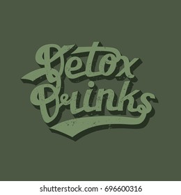 Detox Drinks Logo 3D Green on Green Background with Texture. Retro Vintage Hand Drawn Lettering, Emblem Vector Illustration for Web Graphic Design, Print, Logotype, Brand, Symbol.
