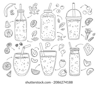 Bebidas descomponedoras y cócteles suaves con trozos de frutas y verduras, dibujo a mano de la ilustración vectorial de estilo vectorial aislado en fondo blanco.