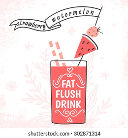 Detox fat flush drink recipe. Decorative doodle style vector illustration with watermelon and strawberry