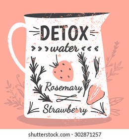 Detox fat flush water recipe. Decorative doodle style vector  illustration with jar and ingredients.
