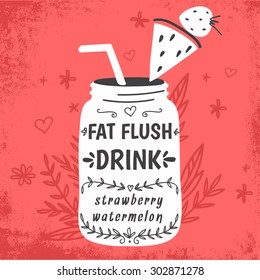 Detox fat flush water recipe. Decorative doodle style vector  illustration with mason jar and ingredients.
