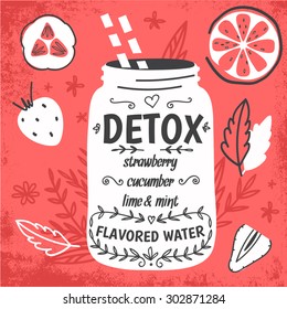 Detox fat flush water recipe. Decorative doodle style vector  illustration with mason jar and ingredients.