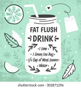 Detox Fat Flush Water Recipe. Decorative Doodle Style Vector  Illustration With Mason Jar And Ingredients.