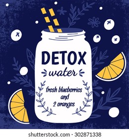 Detox fat flush water recipe. Decorative doodle style vector  illustration with mason jar and ingredients.