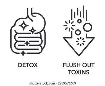 Detox and Flush Out Toxins icons set - labeling of food supplement. Pictograms set in thin line svg