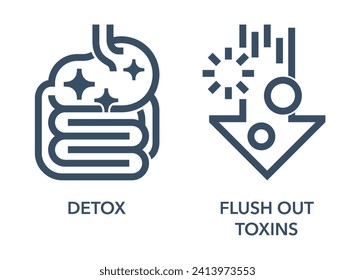 Detox and Flush Out Toxins icons set in bold line - labeling of food supplement. Pictograms set in thin line