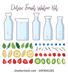 Detox fruit water kit. Five bottles and assorted fruits, berries and herbs. Vector illustration.