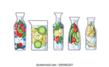 Detox fruit water. Set of bottles of various shapes. Vector illustration. Fruits, berries and herbs. 