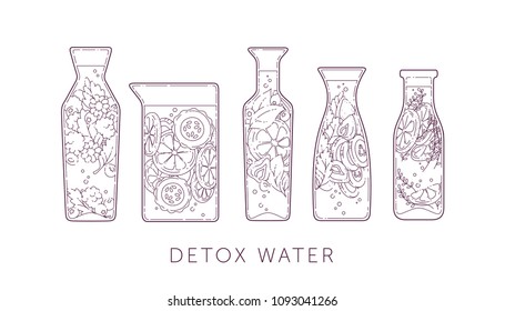 Detox fruit water. Set of bottles of various shapes. Vector illustration. Fruits, berries and herbs. 
