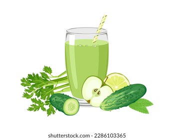 Detox green smoothie. Healthy organic drink in glass with straw and group of vegetables and fruits. Vector cartoon illustration.