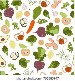 Detox hand drawn fruits and vegetables seamless pattern. Stock vector. Clipping mask inside