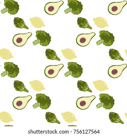 Detox hand drawn fruits and vegetables seamless pattern. Stock vector. Clipping mask inside