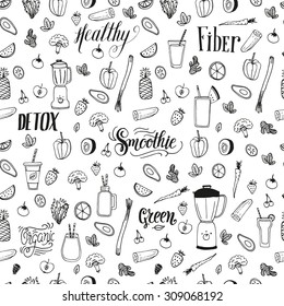 The detox and healthy eating concept. Hand drawn vector background for your design with raw vegetarian food and drinks. Seamless pattern.