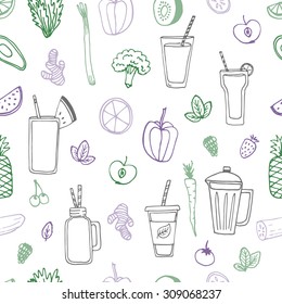 The detox and healthy eating concept. Hand drawn vector background for your design with raw vegetarian food and drinks. Seamless pattern.