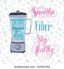 The detox and healthy eating concept. Hand drawn vector background for your design with raw vegetarian food and drinks. Seamless pattern.