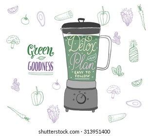 The detox and healthy eating concept. Hand drawn vector background for your design with raw vegetarian food and drinks. Seamless pattern.