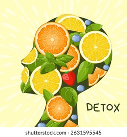 Detox. A human head with fresh fruits. Diet and healthy eating. Vector.