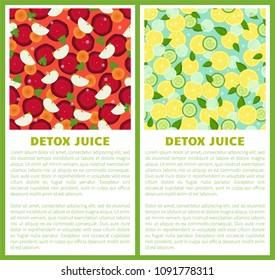 Detox juice poster ingredients of refreshing drink vector set of banners with vegetarian beet, carrot pieces, cut apple and cucumbers, place for text