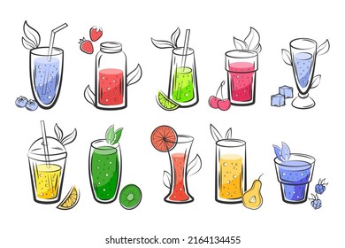 Dibujo de jugo Detox. Bebidas de cóctel recién hechas con ingredientes veganos. Carta saludable de bebidas frías y recetas vitamínicas. Fruta y limonada de bayas. Gafas de refresco puestas. Fondo de diseño del vector