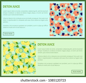 Detox juice web poster ingredients of refreshing drink lemon and cucumbers, grapefruit slices with black raspberries and blueberries vector with text set