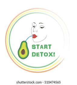 Detox label. Face of young gorl drinking avocado juice. Concept of healthy food and organic lifestyle.