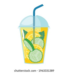 Detox lemonade from lemon and cucumber in a cup with a lid and a straw. Vector, white background.