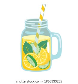 Detox lemonade made from lemon and cucumber in a glass jar with a straw. Vector, white background.