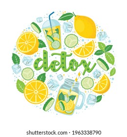 Detox lemonade set of bright elements in a circle: lemon, cucumber, mint, cup, jar, ice cubes, drops. Vector, white background, isolated.