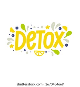 Detox. Lettering logo on white background. Hand sketched lettering typography. Hand drawn detox lettering sign with graphic elements. Badge, icon, banner, tag, illustration