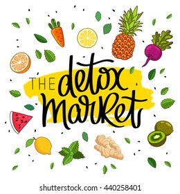 Detox market. The trend calligraphy. Vector illustration on white background with yellow smear of ink and different fruits and vegetables. The concept of healthy eating. Dietary cuisine.