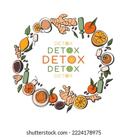 Detox natural element doodle hand drawn round.