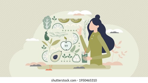 Detox with organic green vegetable and fruit smoothie shake tiny person concept. Health care retreat with vegan diet and cocktail instead of food vector illustration. Balanced liquid nutrition intake. svg