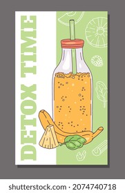 Detox poster with glass jar and fruits, doodle vector illustration isolated on white background. Hand drawn smoothie or juice with drinking straw, banana, pineapple and spinach.