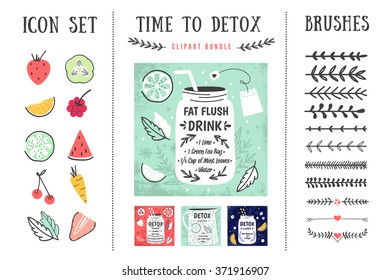 Detox posters and design elements. Template for scrapbooking, wrapping, notebooks, notebook, diary, decals, school accessories. Detox and healthy life. Vector illustrations