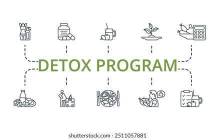 Detox Program thin line icon set. Monochrome simple Detox Program icon collection. Slim Body, Immunity, Meal Plan, Dietary Product, Calories, Dairy Products, Odesity, Balanced Diet, Psychology, Detox