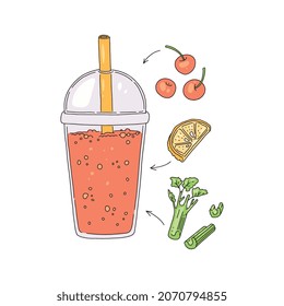 Detox mezcla de cócteles suave con cereza y apio, ilustración de vector colorida dibujada a mano aislada en fondo blanco. Bebida de desintoxicación vegetal y frutal.