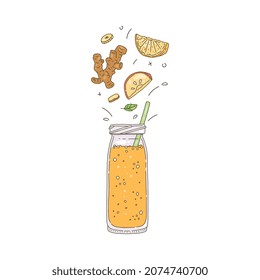 Detox smoothie in glass bottle and ingredients above, doodle vector illustration isolated on white background. Hand drawn juice drink recipe with ginger, apple, mint and lemon.