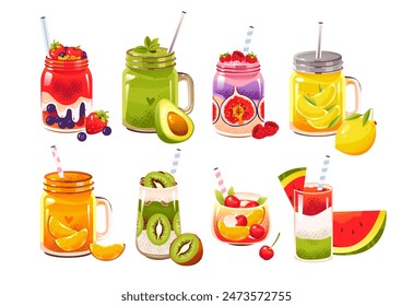 Batido de desintoxicación. Zumos saludables con frutas y bayas. Ilustraciones de set de bebidas de verano
